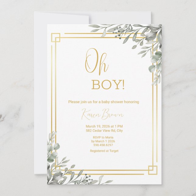 Oh Boy Elegant Greenery & Guld Baby Shower Inbjudningar (Framsida)