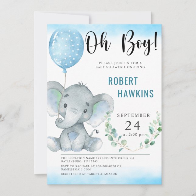 Oh Boy Elephant Baby Shower Inbjudningar (Framsida)