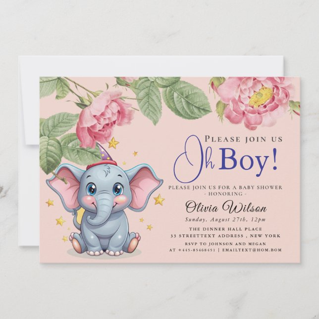 Oh Boy Elephant Baby Shower Invitation Inbjudningar (Framsida)