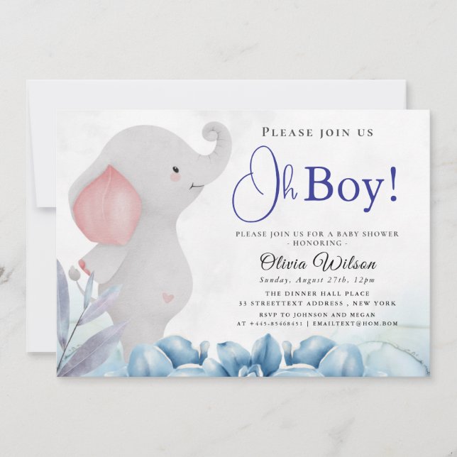 Oh Boy Elephant Baby Shower Invitation Inbjudningar (Framsida)