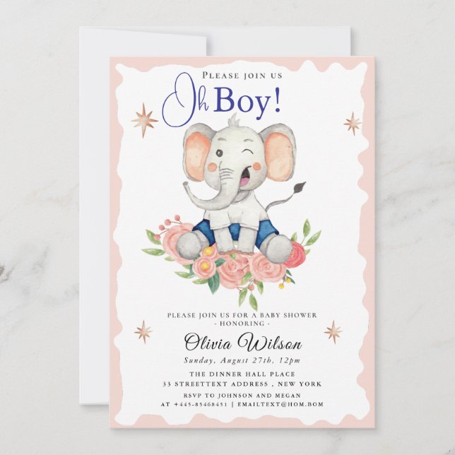 Oh Boy Elephant Baby Shower Invitation Inbjudningar (Framsida)