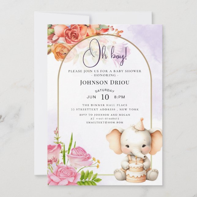 Oh Boy Elephant Baby Shower Invitation Inbjudningar (Framsida)