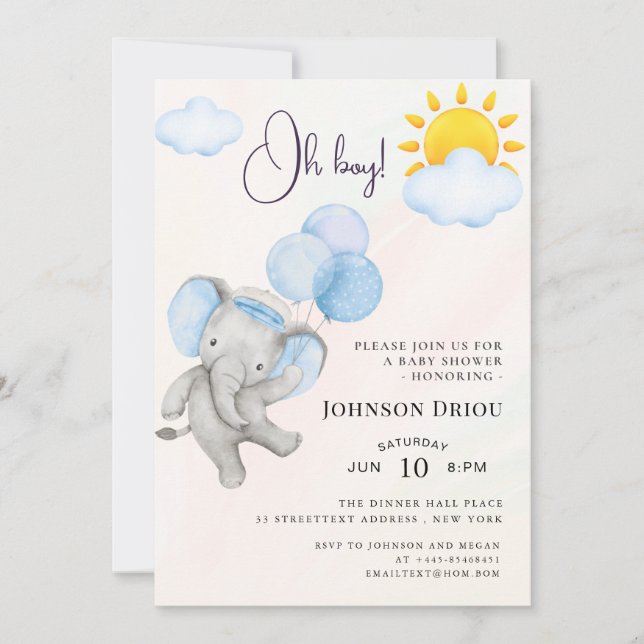 Oh Boy Elephant Baby Shower Invitation Inbjudningar (Framsida)