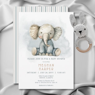 Oh Boy Elephant Blue Stripe Baby Shower Inbjudningar