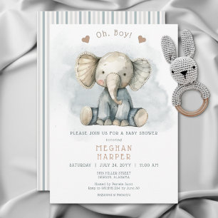 Oh Boy Elephant Blue Stripe Baby Shower Inbjudningar