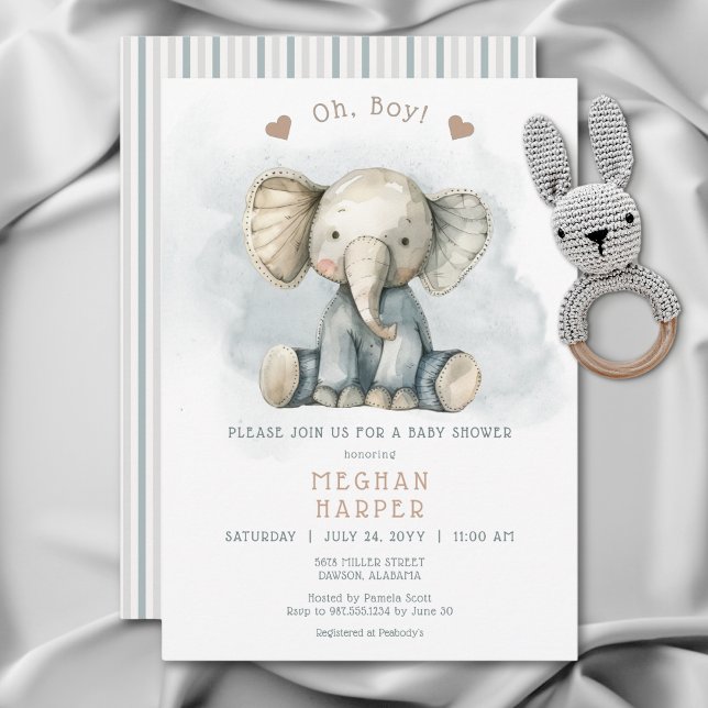 Oh Boy Elephant Blue Stripe Baby Shower Inbjudningar (Oh Boy Elephant Blue Striped Baby Shower Invitation)