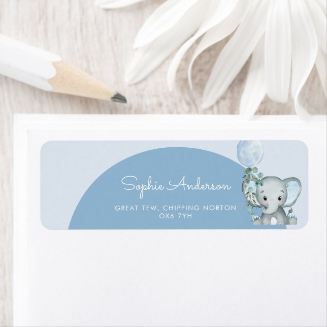 Oh Boy Elephant Boy med ballonbabyskor Returadress Etikett (Insitu)