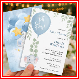 Oh Boy Elephant Eucalyptus Balloon Baby Shower Inbjudningar