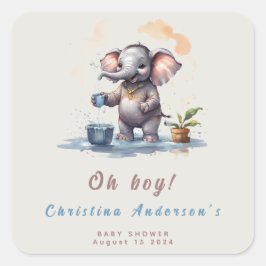 Oh Boy Elephant Rustic Guld Blue Baby Shower Fyrkantigt Klistermärke