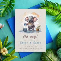 Oh Boy Elephant Rustic Guld Blue Baby Shower