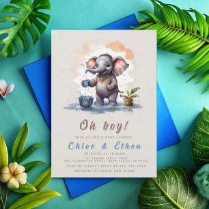 Oh Boy Elephant Rustic Guld Blue Baby Shower Inbjudningar