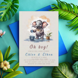 Oh Boy Elephant Rustic Guld Blue Baby Shower Inbjudningar