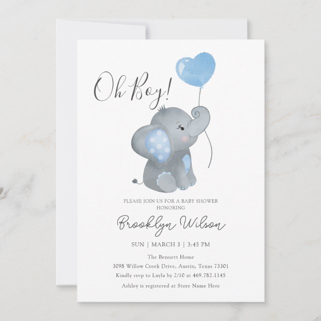 Oh Boy Elephant Watercolor Baby Shower Inbjudningar (Framsida)