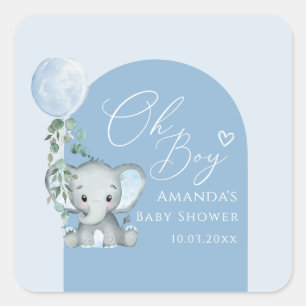 Oh Boy Elephant with Balloon Baby Shower Fyrkantigt Klistermärke