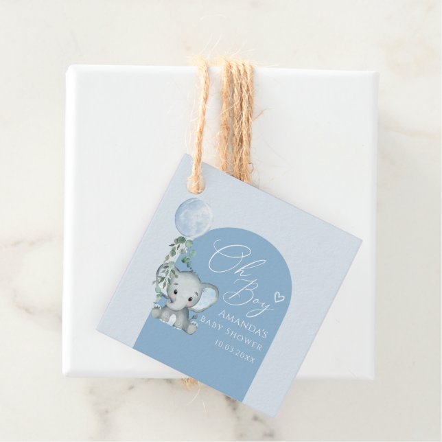 Oh Boy Elephant with Balloon Baby Shower Gåvor Etiketter (På plats)
