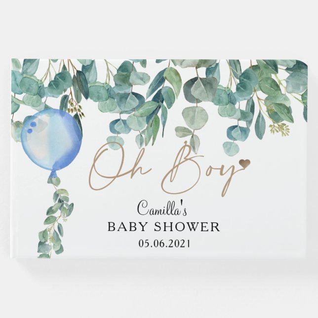 Oh Boy Eucalyptus Blue Balloon Baby Shower Gästböcker (Framsida)