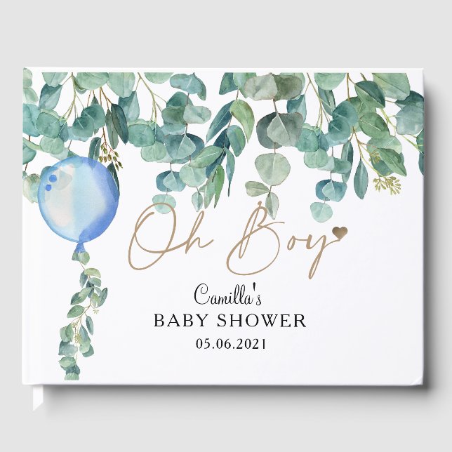 Oh Boy Eucalyptus Blue Balloon Baby Shower Gästböcker (Framsida)