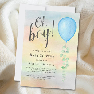 Oh Boy Eucalyptus Blue Balloon Baby Shower-inbjuda Inbjudningar