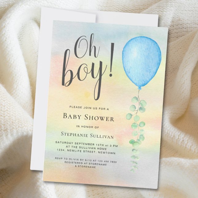 Oh Boy Eucalyptus Blue Balloon Baby Shower-inbjuda Inbjudningar (Skapare uppladdad)