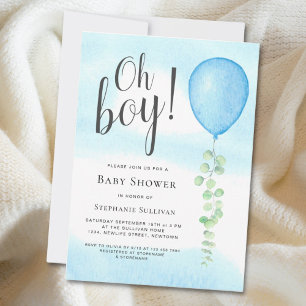 Oh Boy Eucalyptus Blue Balloon Baby Shower Inbjudningar