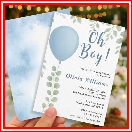 Oh Boy Eucalyptus Blue Balloon Baby Shower Inbjudningar