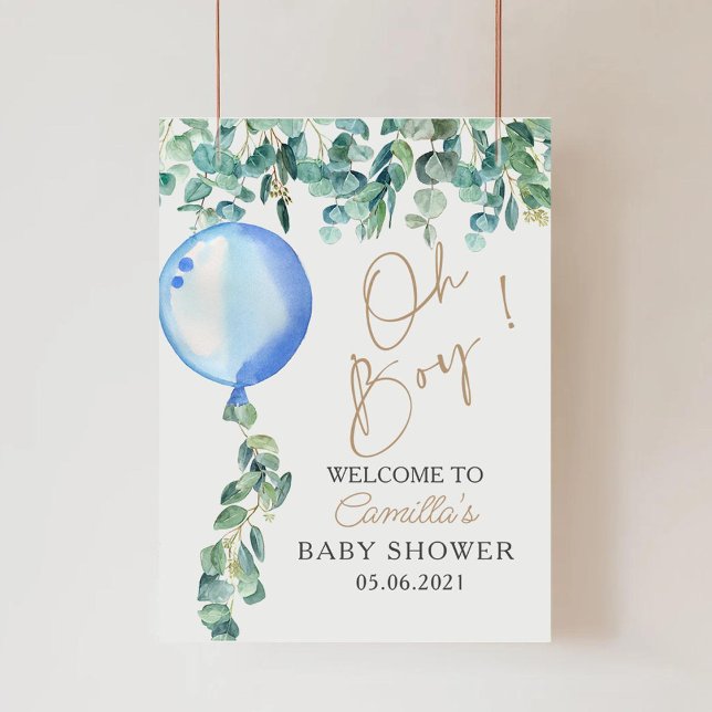 Oh Boy Eucalyptus Blue Balloon Baby Shower Poster (Skapare uppladdad)