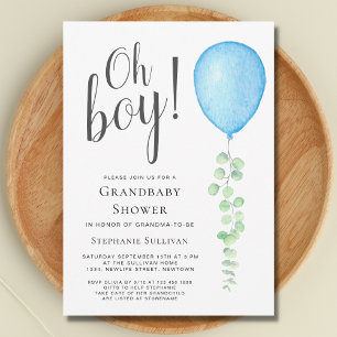 Oh Boy Eucalyptus Blue Balloon Grandma Baby Shower Inbjudningar