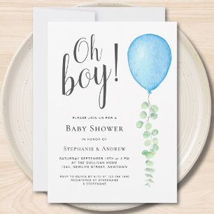 Oh Boy Eucalyptus Blue Balloon Par Baby Shower Inbjudningar