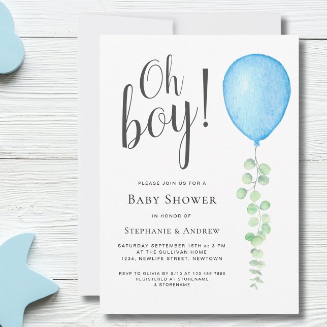 Oh Boy Eucalyptus Blue Balloon Par Baby Shower Inbjudningar (Skapare uppladdad)