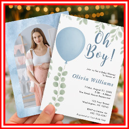 Oh Boy Eucalyptus Blue Balloon PHOTO Baby Shower Inbjudningar