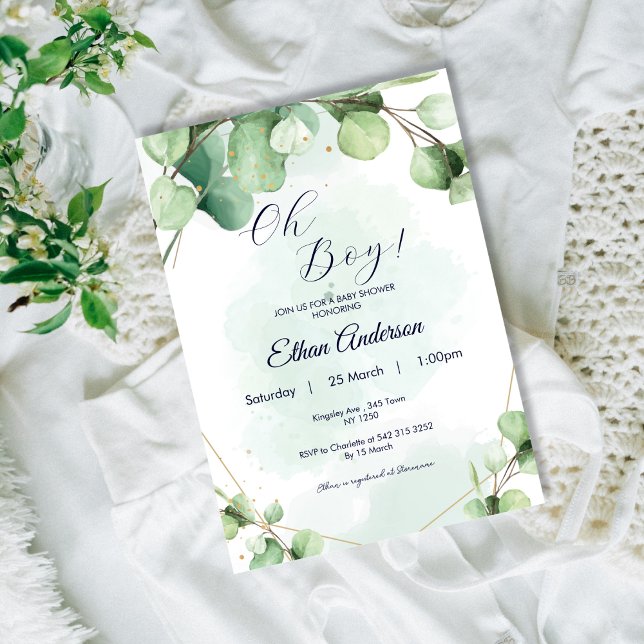 Oh Boy Eucalyptus löv babyinbjudan. Inbjudningar (Oh Baby Eucalyptus Leaves Baby Shower Invite)