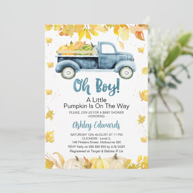 Oh Boy Foliage Little Pumpkin Lastbil Baby Shower Inbjudningar (Stående Fram)