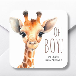 Oh Boy Giraffe Baby Shower Favor Fyrkantigt Klistermärke