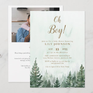 Oh Boy Gräs Träd Forest Baby Shower Photo QR Code Inbjudningar