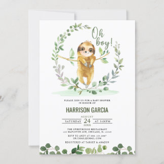 Oh Boy Greenery Blommigt Cute Sloth Baby Shower Inbjudningar