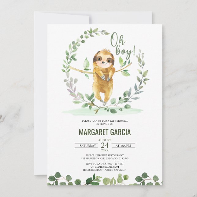 Oh Boy Greenery Blommigt Cute Sloth Baby Shower Inbjudningar (Framsida)