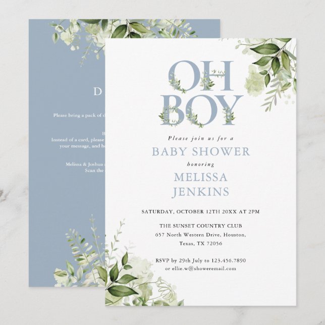 Oh Boy Greenery Dusty Blue All In One Baby Shower Inbjudningar (Fram/baksida)