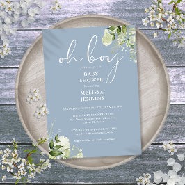 Oh Boy Greenery Dusty Blue Baby Shower Inbjudningar