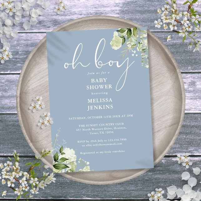 Oh Boy Greenery Dusty Blue Baby Shower Inbjudningar (Oh Boy Greenery Dusty Blue Baby Shower Invitation)