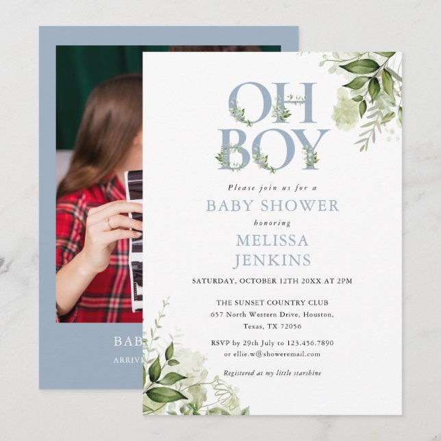 Oh Boy Greenery Dusty Blue Photo Baby Shower Inbjudningar (Fram/baksida)