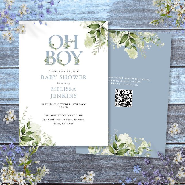 Oh Boy Greenery Dusty Blue QR Code Baby Shower Inbjudningar (Oh Boy Greenery Dusty Blue QR Code Baby Shower Invitation)