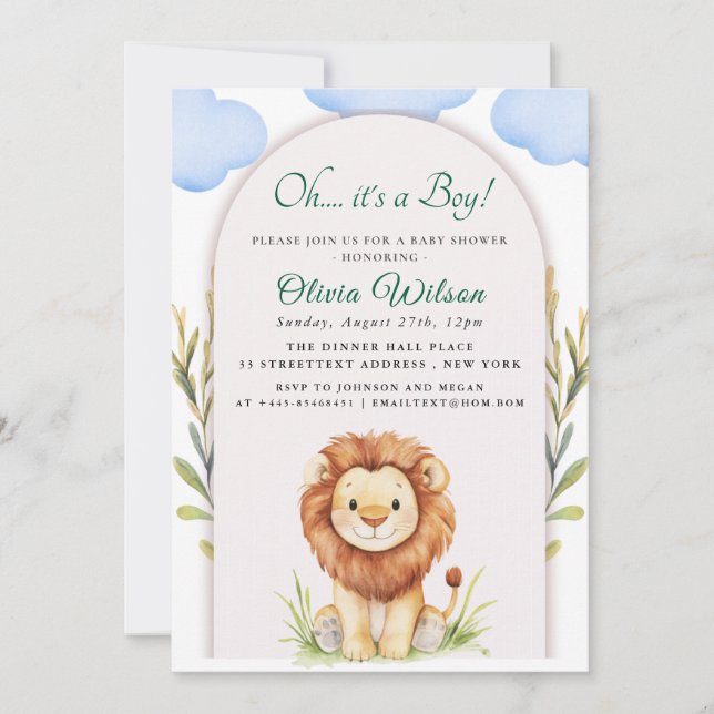 “Oh Boy!” Greenery Lion Baby Shower Inbjudningar (Framsida)