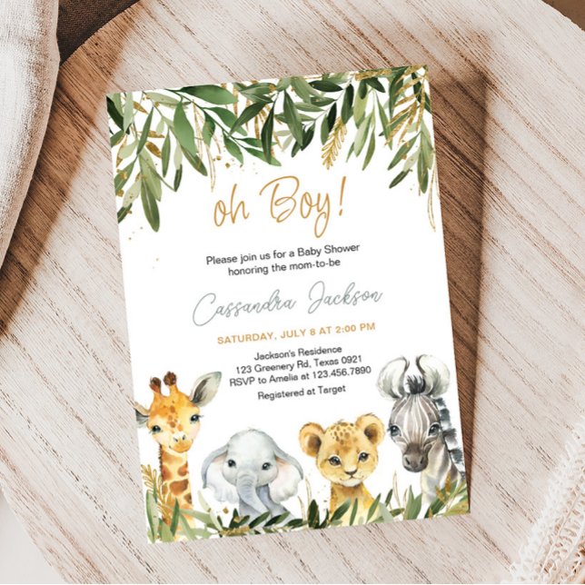 Oh Boy Greenery Safari Baby Shower Inbjudningar (Safari Animals Baby Shower Invitation)
