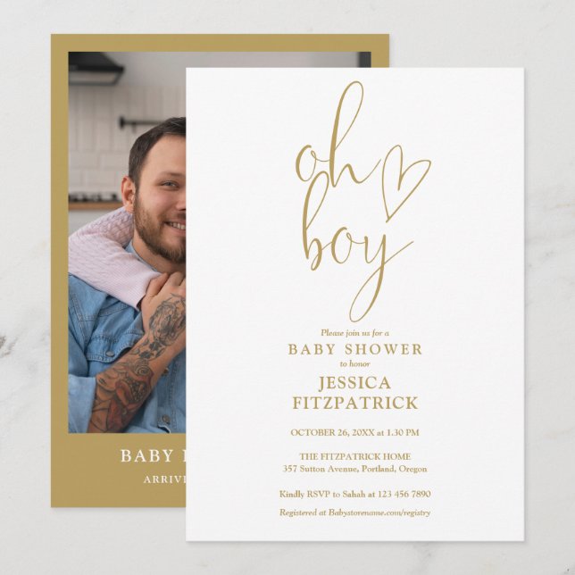 Oh Boy Guld Heart Script Boy Photo Baby Shower Inbjudningar (Fram/baksida)