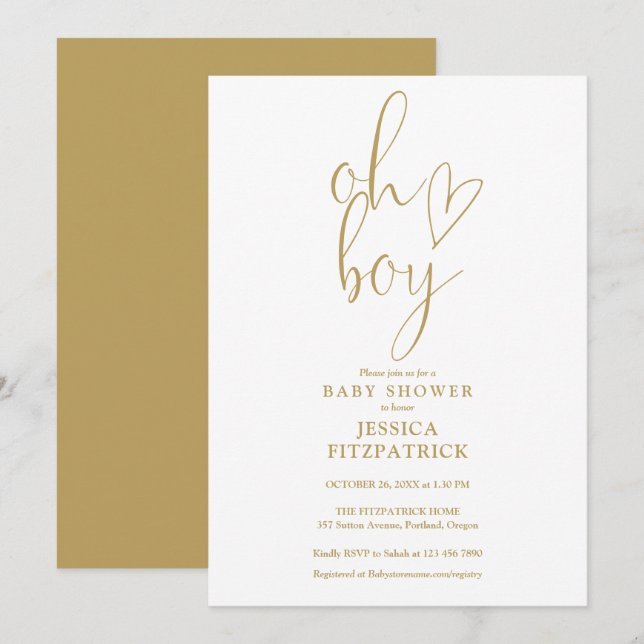 Oh Boy Guld Script Hjärtpojke Baby Shower Inbjudningar (Fram/baksida)