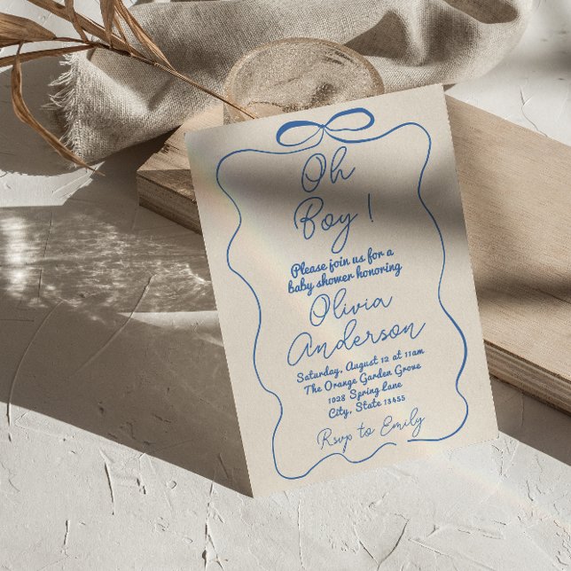 Oh Boy Hand plockade Write Blue Boy Bow Baby Showe Inbjudningar (Skapare uppladdad)