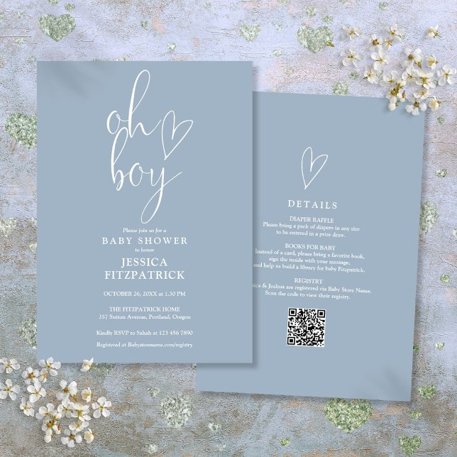 Oh Boy Heart Dusty Blue Boy alla i en babydusch Inbjudningar (Oh Boy Heart Dusty Blue Boy All In One Baby Shower Invitation)