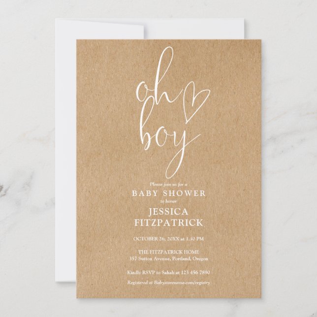 Oh Boy Heart Rustic Kraft alla i en babyskabare Inbjudningar (Framsida)