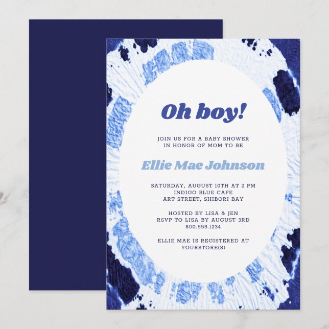 Oh Boy Indigo Blue Shibori Tie Dye Baby Shower Inbjudningar (Fram/baksida)
