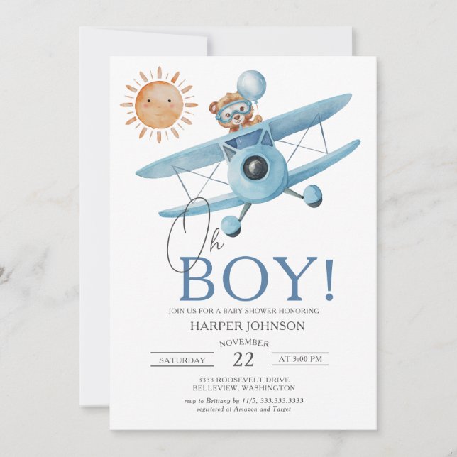 Oh Boy Jungle Safari Airplan Baby Shower Inbjudningar (Framsida)